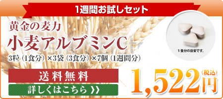 1週間お試しセット 黄金の麦力 小麦アルブミンＣ　3粒（1食分）×3袋（3食分）×7個（1週間分）送料無料 1,522円（税込）